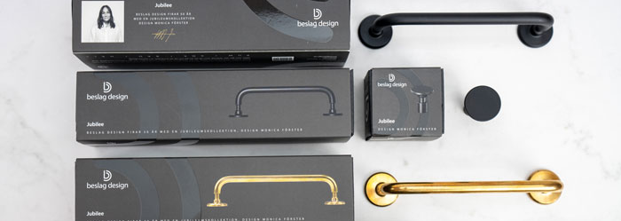 The Jubilee collection launched for Beslag Design's 50 year celebration. It contains of a handle and a knob, in several coatings.
